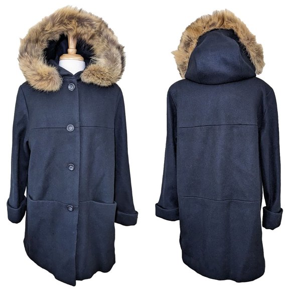 Vint. CHARLES KLEIN Black Wool Hooded Peacoat with Genuine Fur Trim - Picture 1 of 7